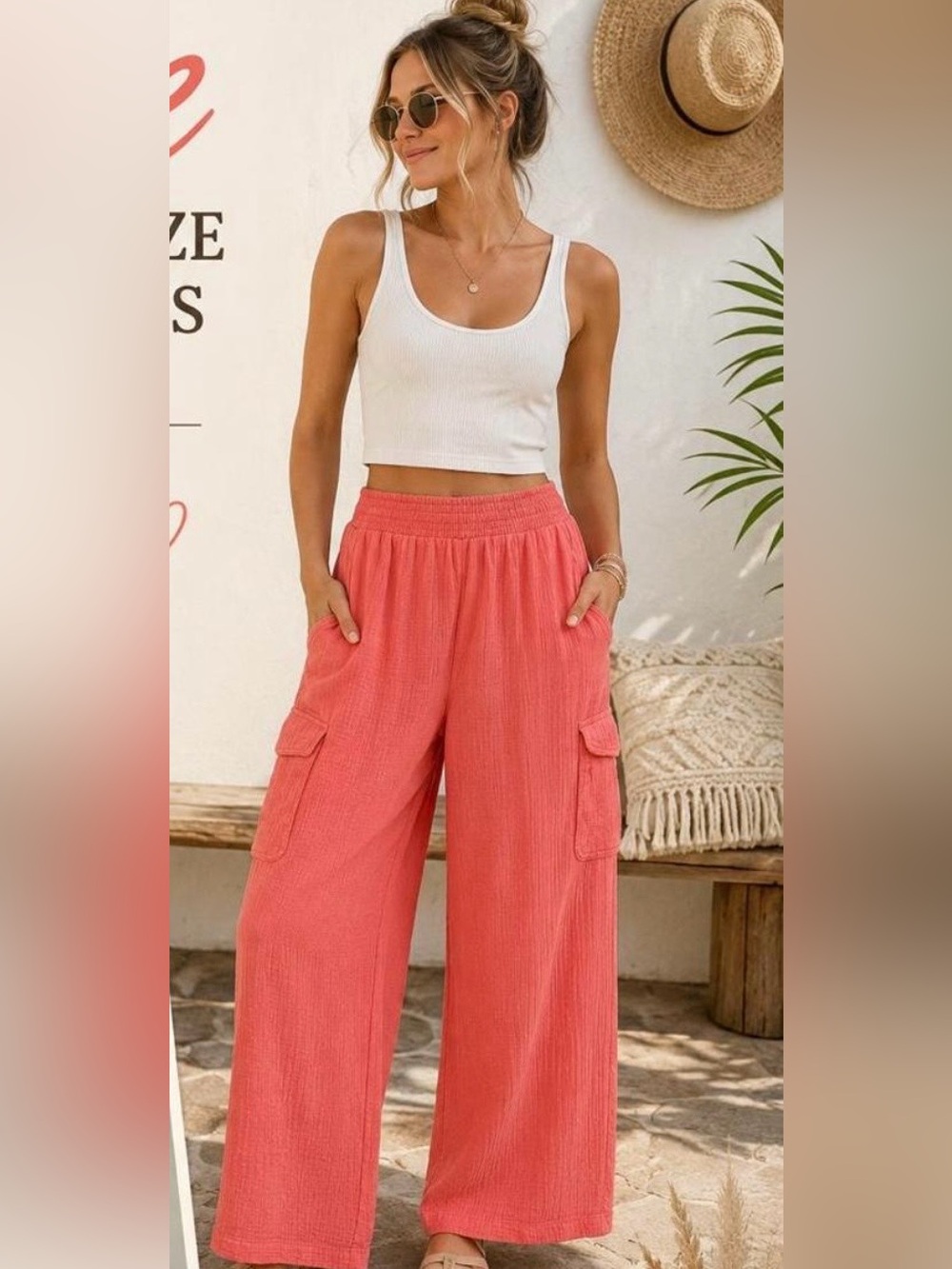 Aerie Coral Wide-Leg Cargo Pants